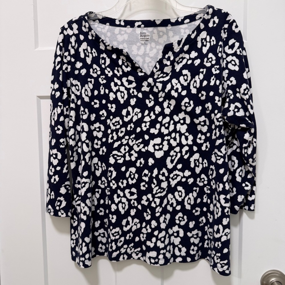 Kim Rogers Navy White Leopard Print Cotton Top 3/4 Sleeve Split Neck Large